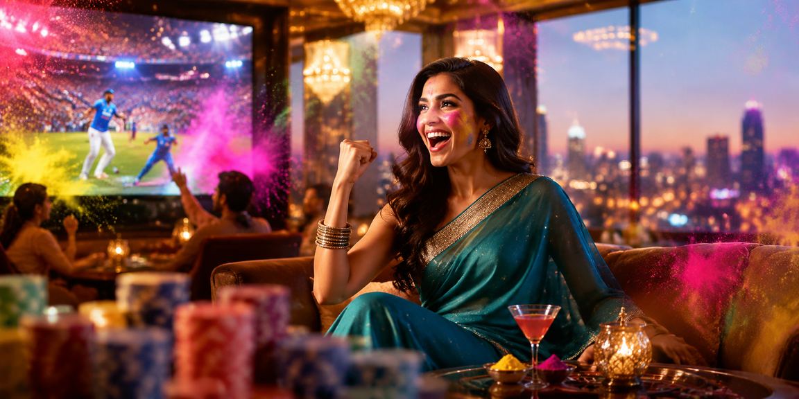Indian woman holding lottery ticket in traditional saree in balanced environment